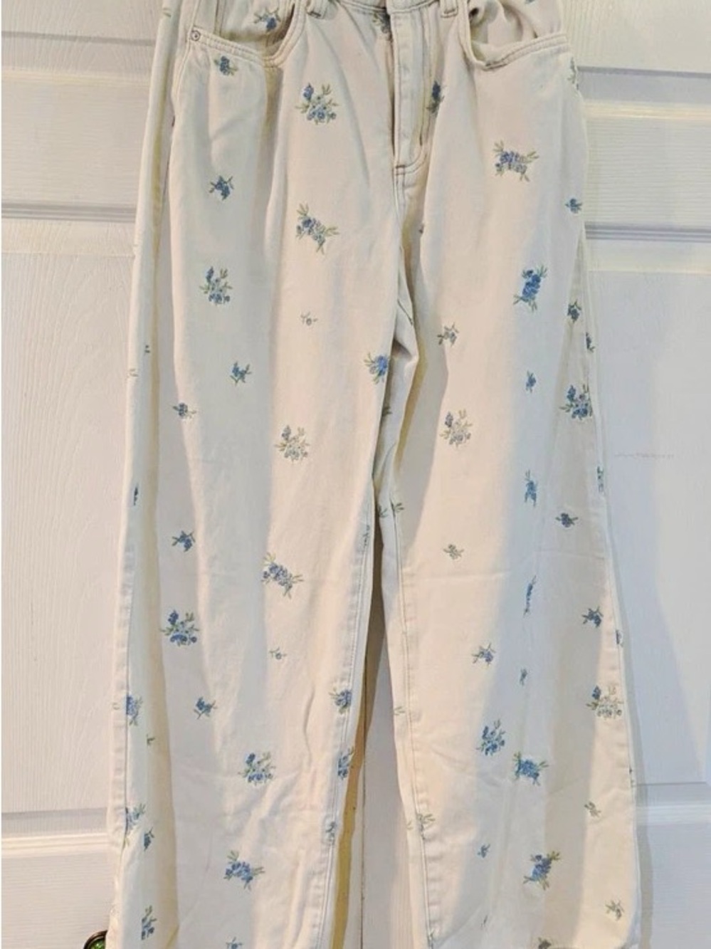 Cotton On Cream Skinny Jeans with Blue Floral Embroidery
